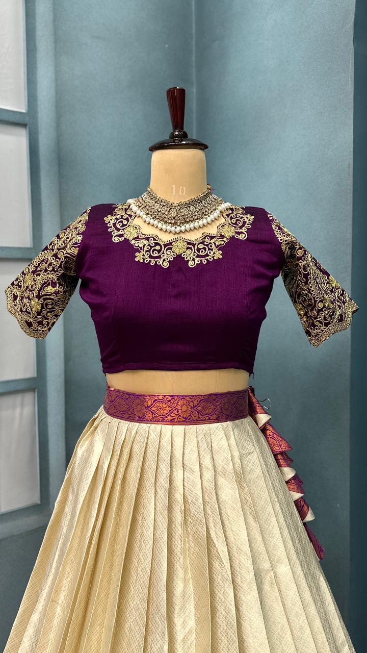 Kanchipattu SILK &nbsp;full stiched Lehenga CREAM AND WINE