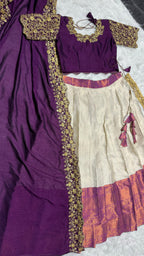 Kanchipattu SILK &nbsp;full stiched Lehenga CREAM AND WINE