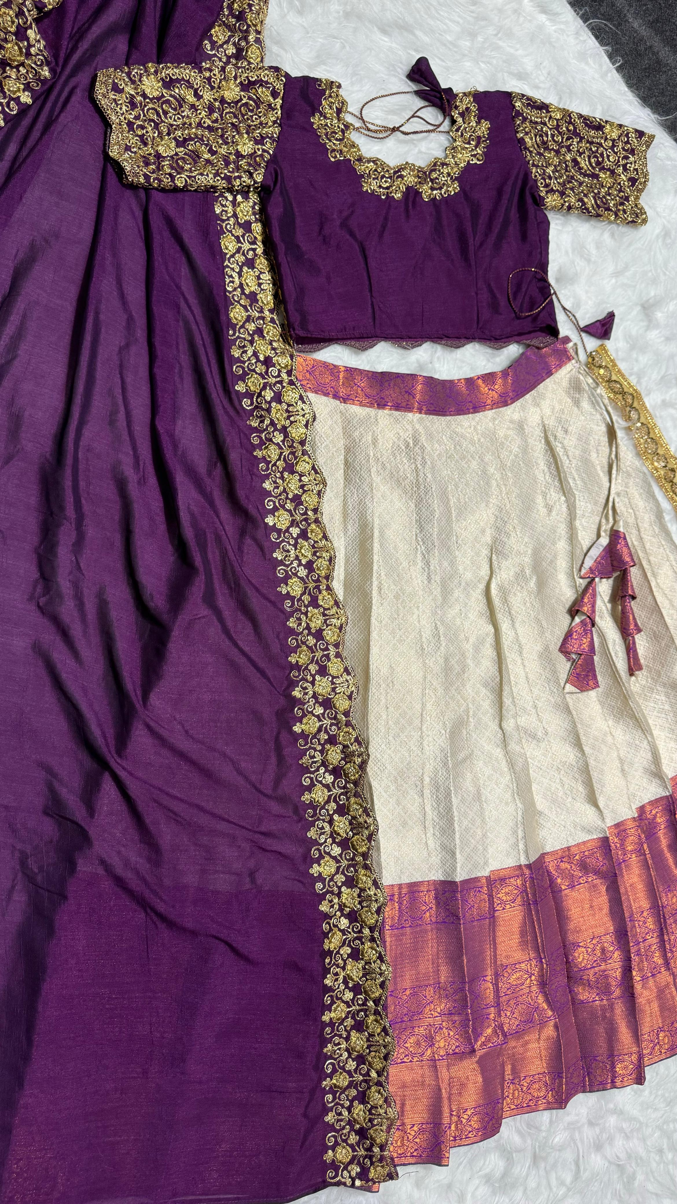 Kanchipattu SILK &nbsp;full stiched Lehenga CREAM AND WINE