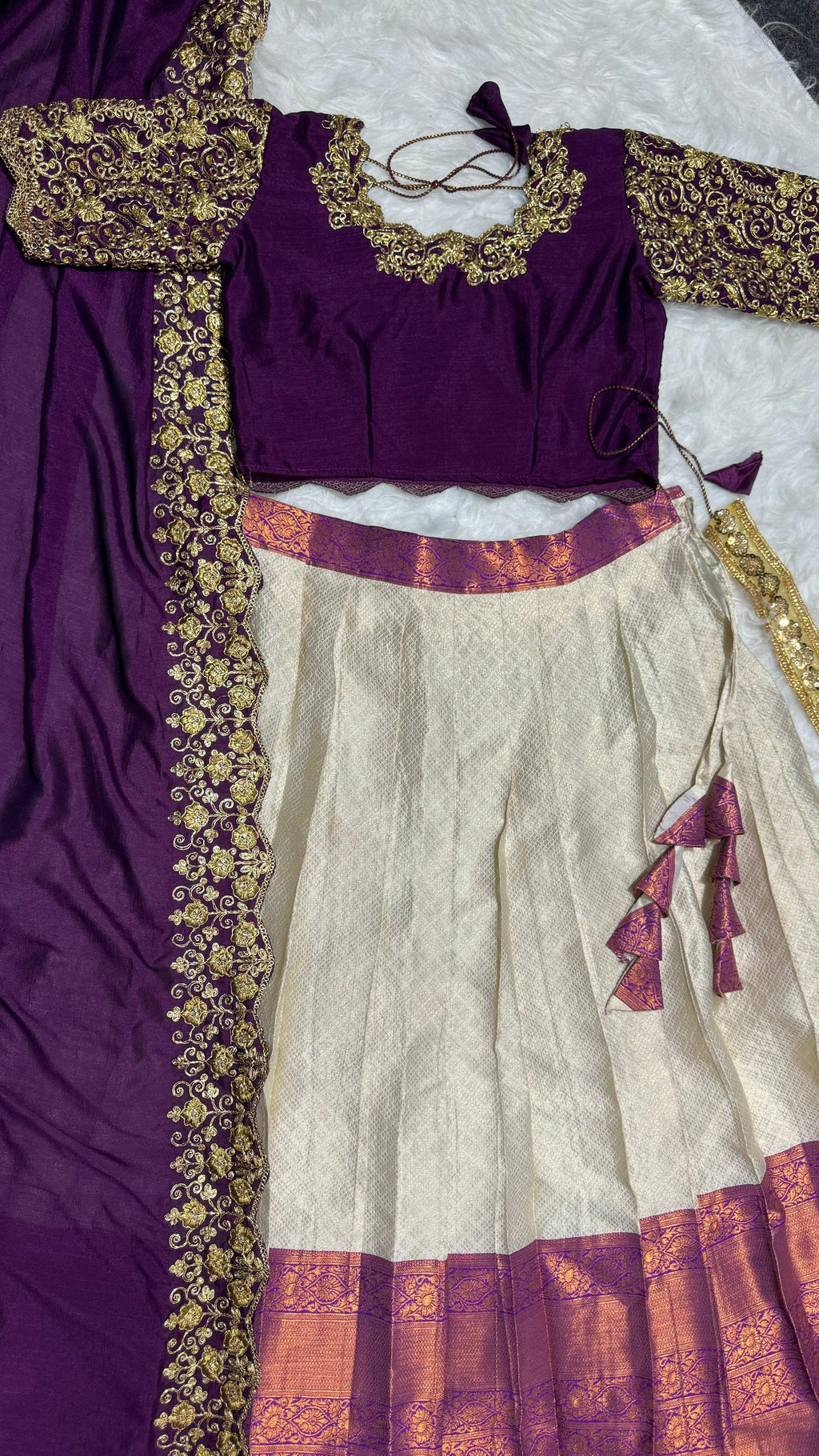 Kanchipattu SILK &nbsp;full stiched Lehenga CREAM AND WINE