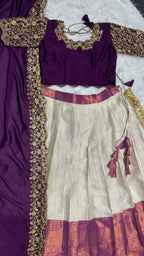 Kanchipattu SILK &nbsp;full stiched Lehenga CREAM AND WINE