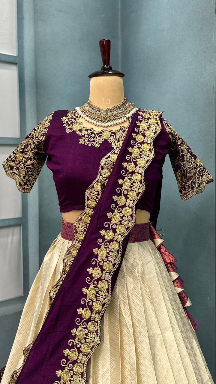 Kanchipattu SILK &nbsp;full stiched Lehenga CREAM AND WINE