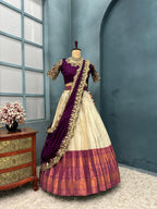 Kanchipattu SILK &nbsp;full stiched Lehenga CREAM AND WINE