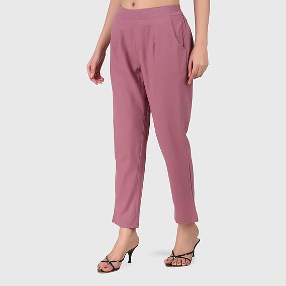 Women's 100% Cotton Casual Pant | Ankle Length Regular fit Cotton Trouser | COLOR - Rose taupe