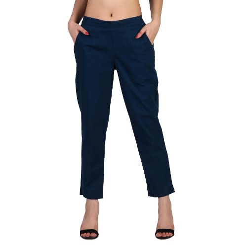 Women's 100% Cotton Casual Pant | Ankle Length Regular fit Cotton Trouser | Peacock Blue COLOR
