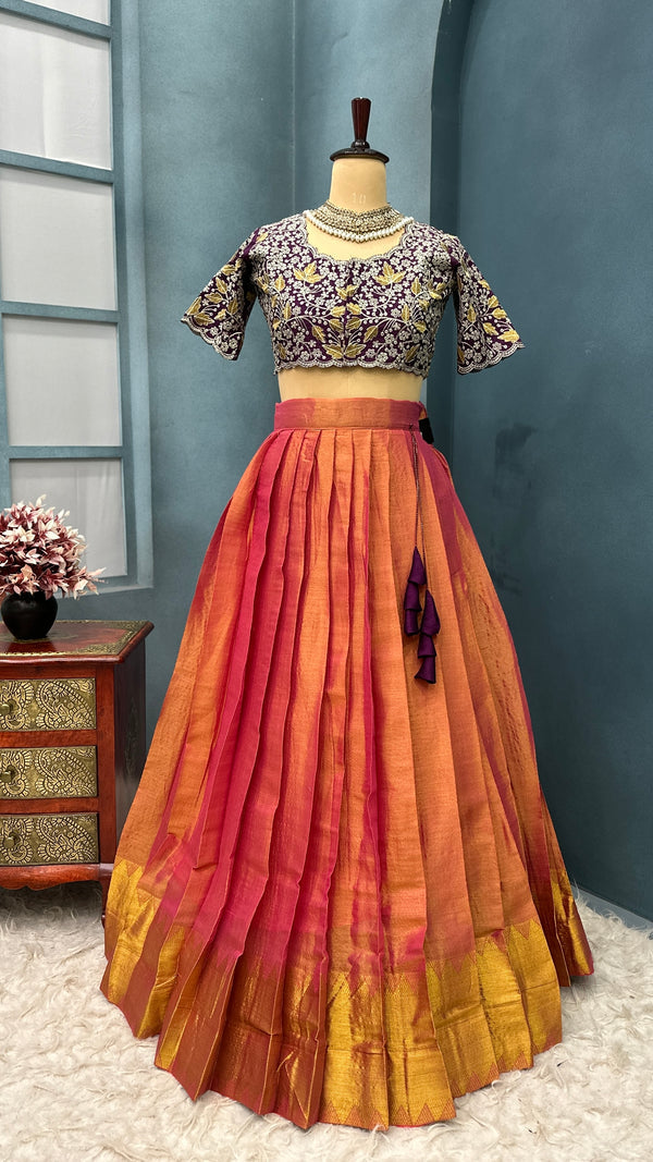 Double shade tissue silk lehenga with rich wine embroidered blouse