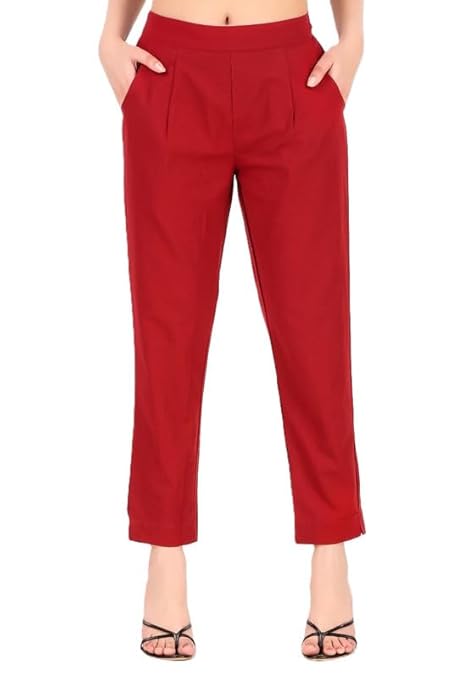 Women's 100% Cotton Casual Pant | Ankle Length Regular fit Cotton Trouser | Brick Red