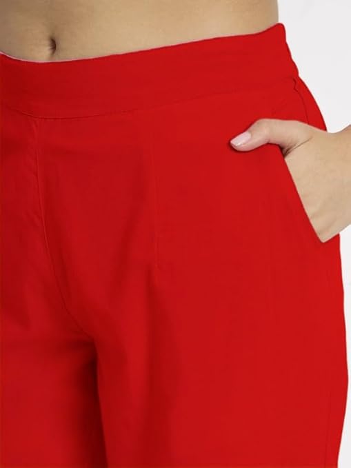 Women's 100% Cotton Casual Pant | Ankle Length Regular fit Cotton Trouser | RED COLOR