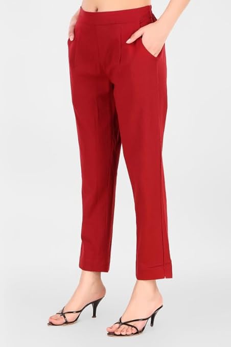 Women's 100% Cotton Casual Pant | Ankle Length Regular fit Cotton Trouser | Brick Red