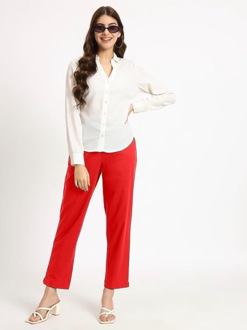 Women's 100% Cotton Casual Pant | Ankle Length Regular fit Cotton Trouser | RED COLOR