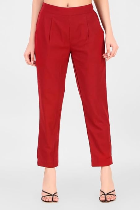 Women's 100% Cotton Casual Pant | Ankle Length Regular fit Cotton Trouser | Brick Red
