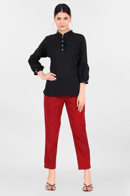 Women's 100% Cotton Casual Pant | Ankle Length Regular fit Cotton Trouser | Brick Red