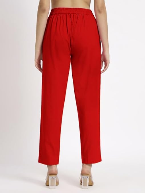 Women's 100% Cotton Casual Pant | Ankle Length Regular fit Cotton Trouser | RED COLOR