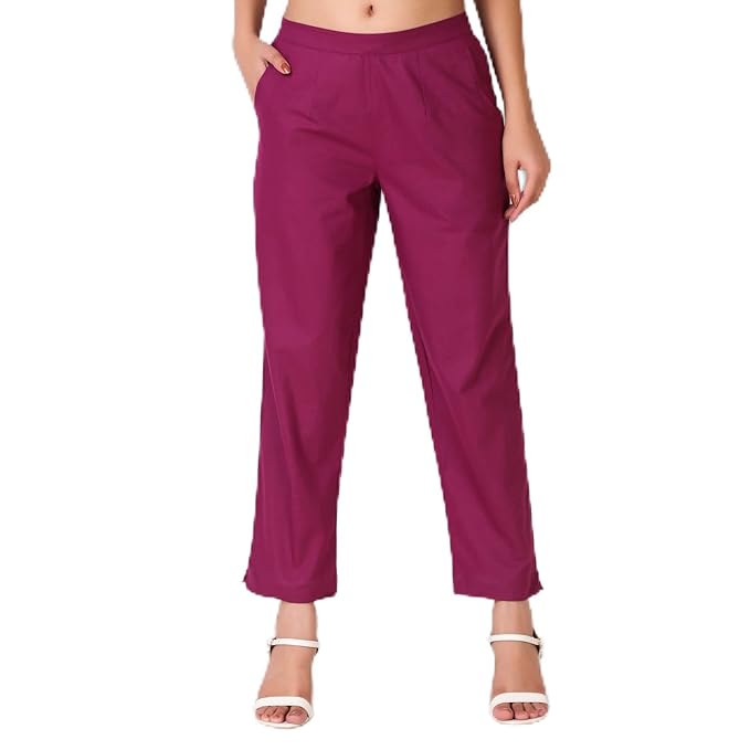 Regular Fit Women Pure Cotton Trousers Wine