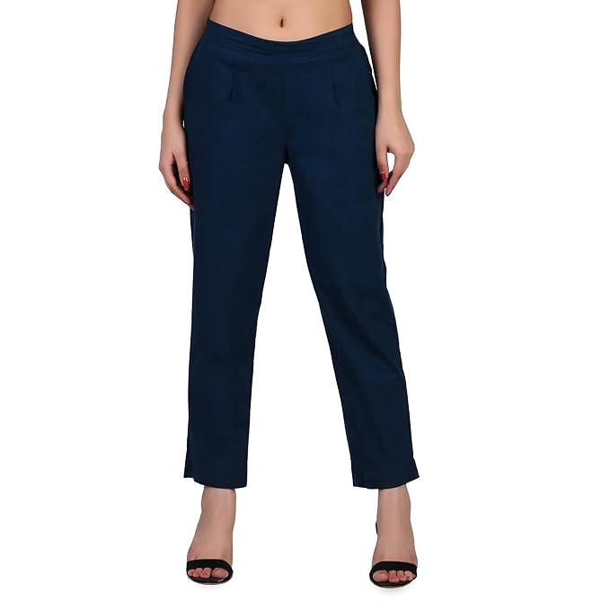 Women's 100% Cotton Casual Pant | Ankle Length Regular fit Cotton Trouser | Peacock Blue COLOR