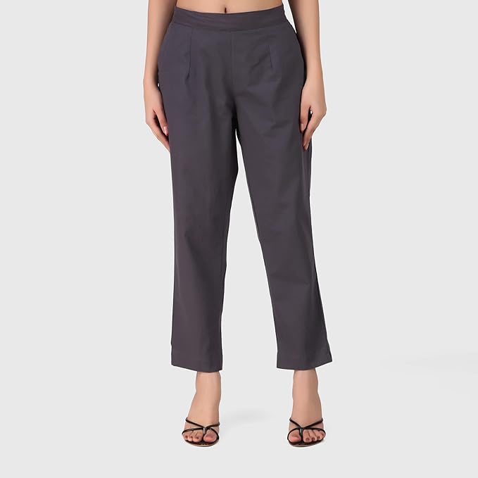 Women's 100% Cotton Casual Pant | Ankle Length Regular fit Cotton Trouser | Grey COLOR