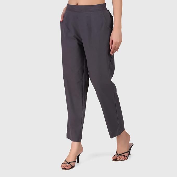 Women's 100% Cotton Casual Pant | Ankle Length Regular fit Cotton Trouser | Grey COLOR