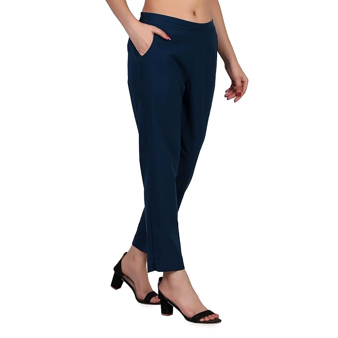 Women's 100% Cotton Casual Pant | Ankle Length Regular fit Cotton Trouser | Peacock Blue COLOR