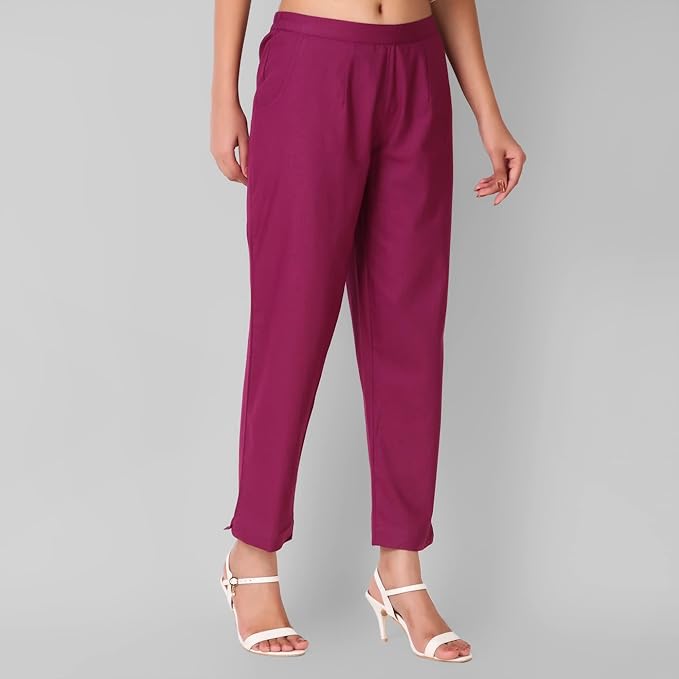 Regular Fit Women Pure Cotton Trousers Wine