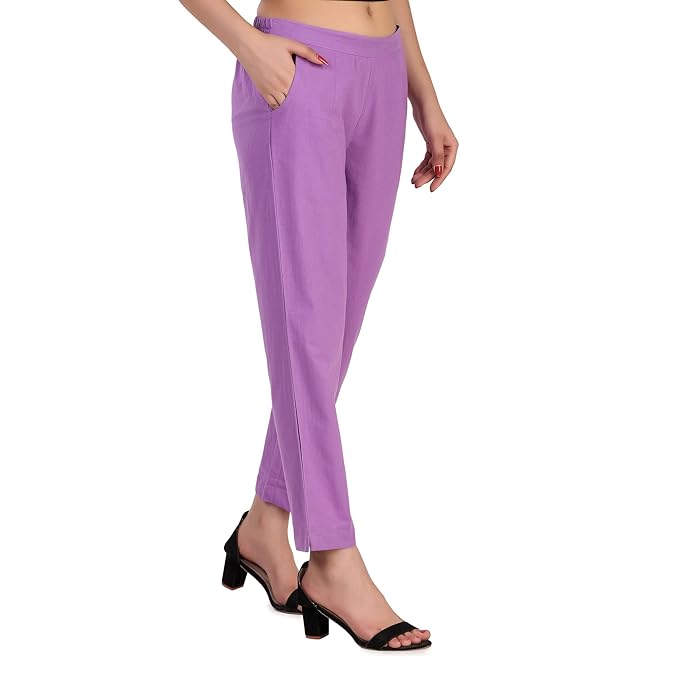 Women's 100% Cotton Casual Pant | Ankle Length Regular fit Cotton Trouser | COLOR Lavender
