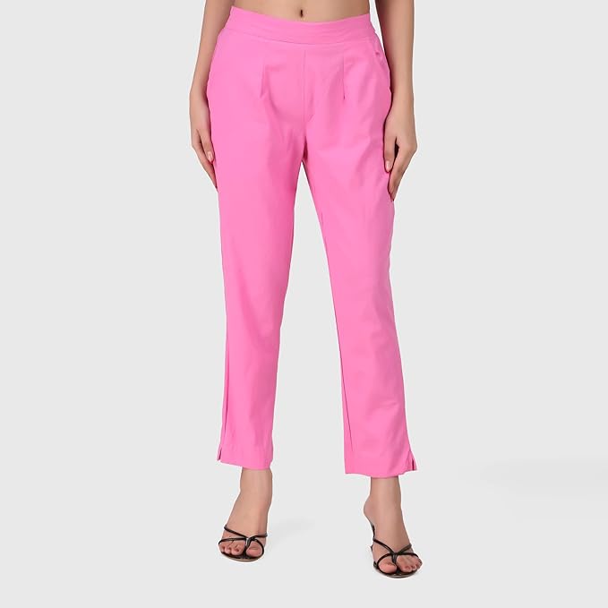 Women's 100% Cotton Casual Pant | Ankle Length Regular fit Cotton Trouser | Baby Pink