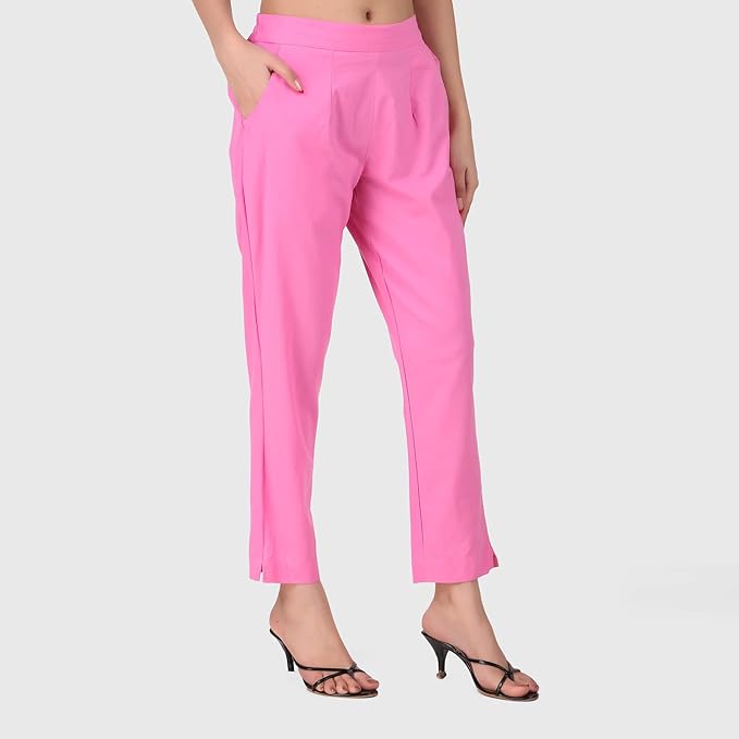 Women's 100% Cotton Casual Pant | Ankle Length Regular fit Cotton Trouser | Baby Pink
