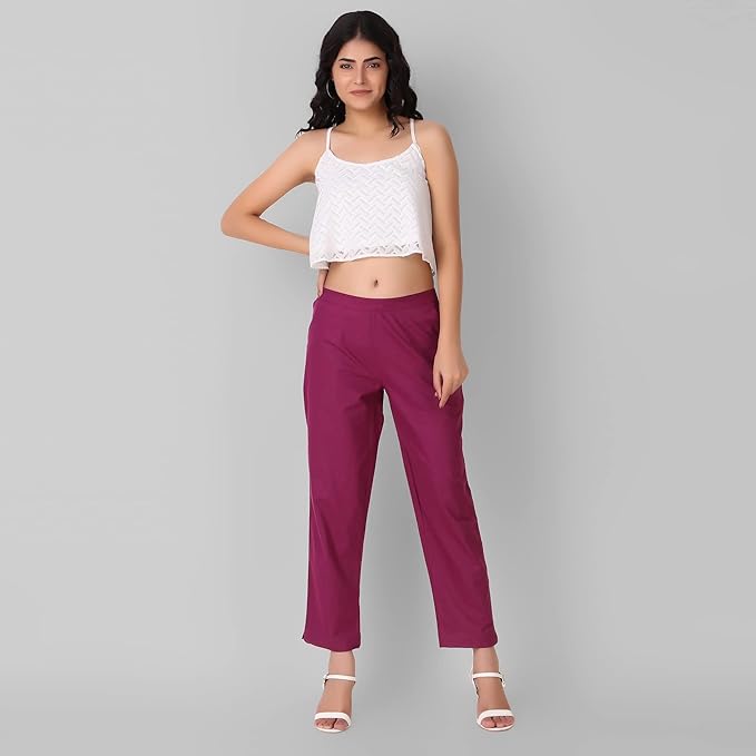 Regular Fit Women Pure Cotton Trousers Wine