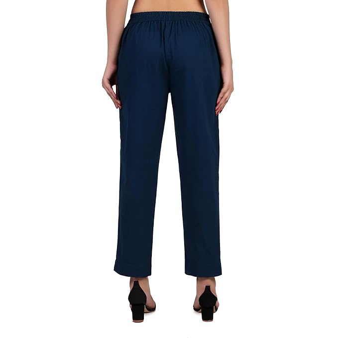 Women's 100% Cotton Casual Pant | Ankle Length Regular fit Cotton Trouser | Peacock Blue COLOR