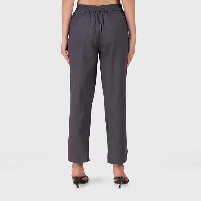 Women's 100% Cotton Casual Pant | Ankle Length Regular fit Cotton Trouser | Grey COLOR