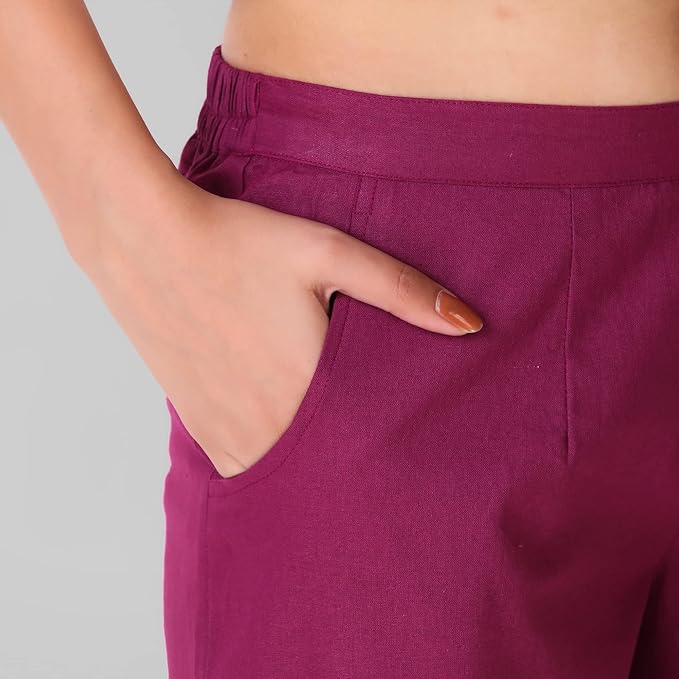 Regular Fit Women Pure Cotton Trousers Wine