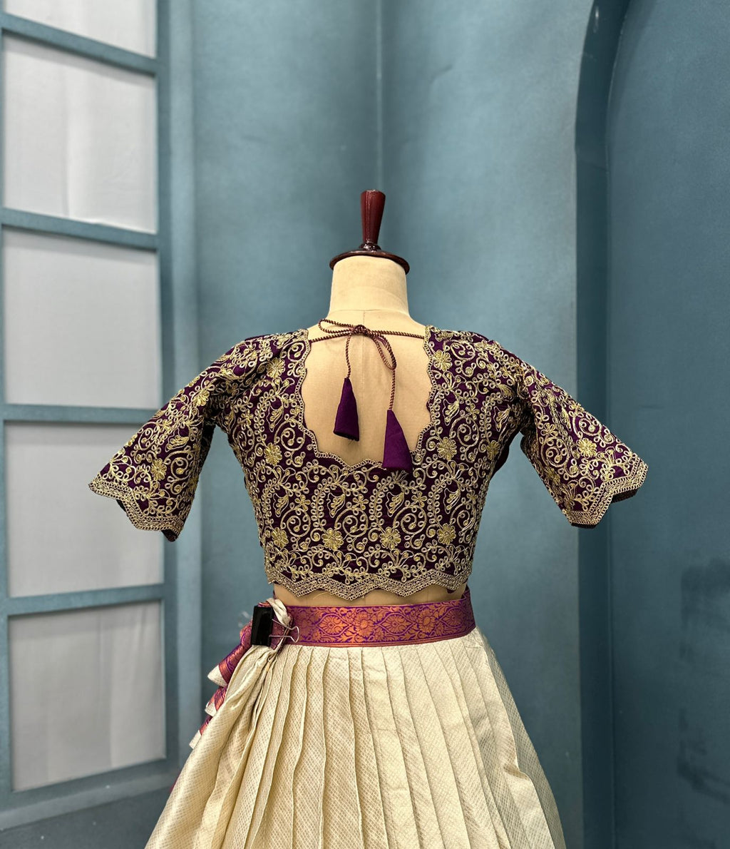 Kanchipattu SILK &nbsp;full stiched Lehenga CREAM AND WINE