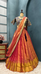 Double shade tissue silk lehenga with rich wine embroidered blouse