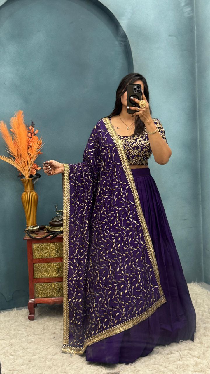 Luxurious Blooming Vichitra silk Stiched lehengas