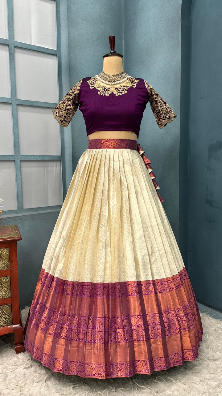 Kanchipattu SILK &nbsp;full stiched Lehenga CREAM AND WINE