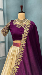 Kanchipattu SILK &nbsp;full stiched Lehenga CREAM AND WINE