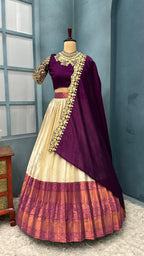 Kanchipattu SILK &nbsp;full stiched Lehenga CREAM AND WINE