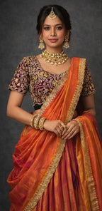 Double shade tissue silk lehenga with rich wine embroidered blouse