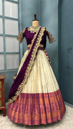 Kanchipattu SILK &nbsp;full stiched Lehenga CREAM AND WINE