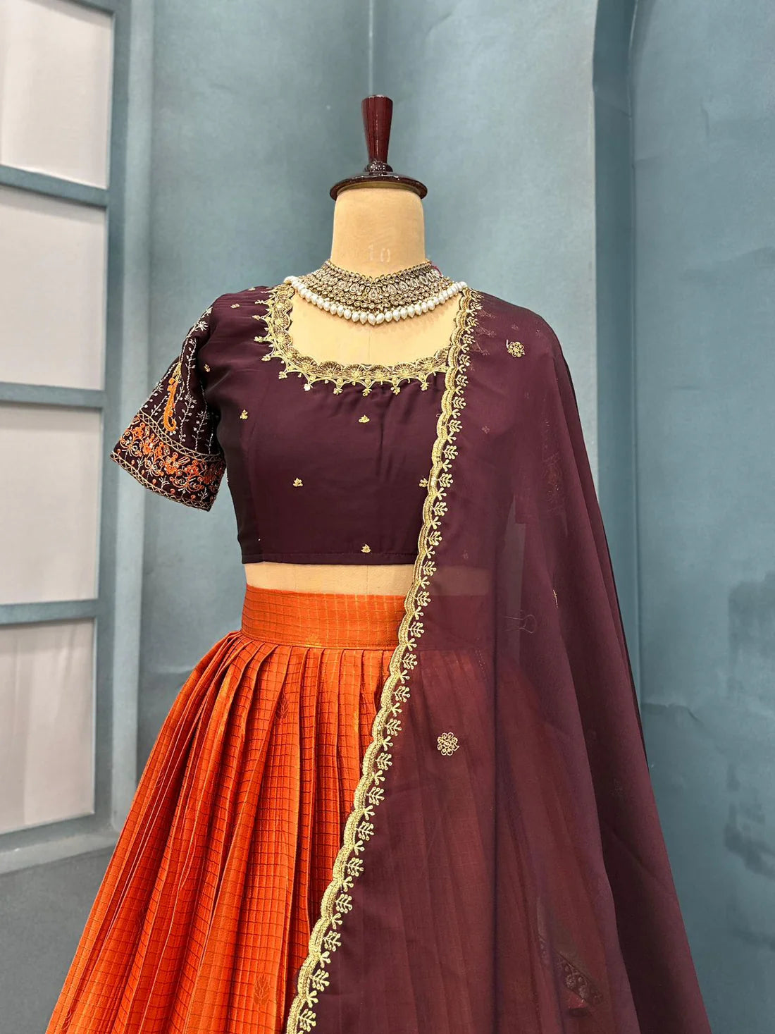 Kanjivaram rust orange lehenga