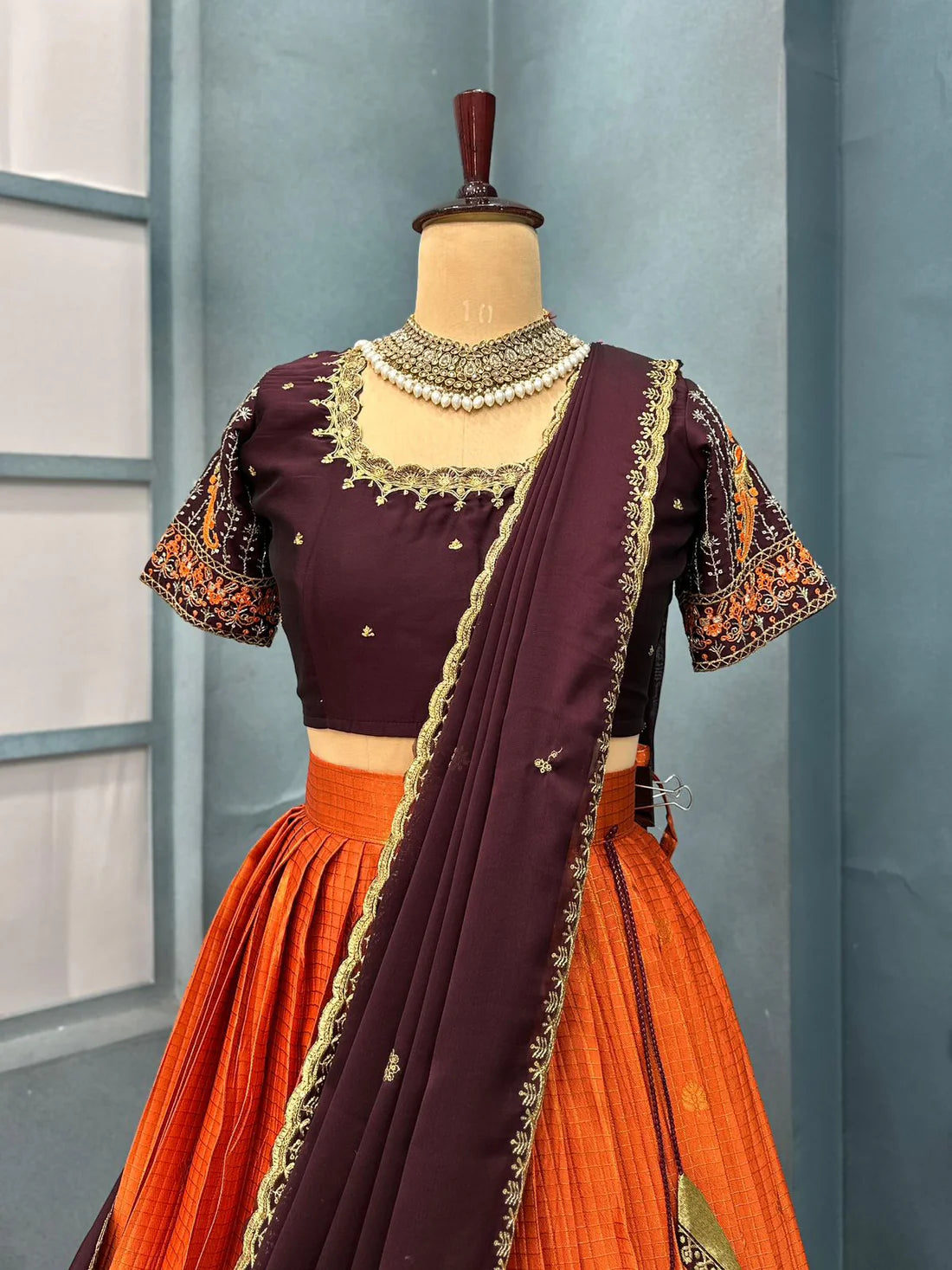 Kanjivaram rust orange lehenga