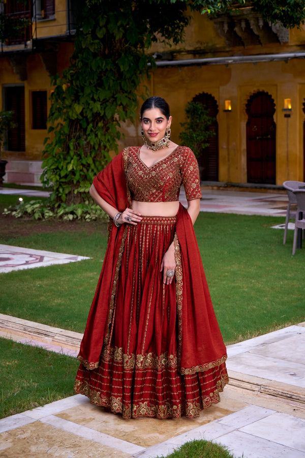 Rust Orange Lehenga - Embroidery Unstitched Blouse