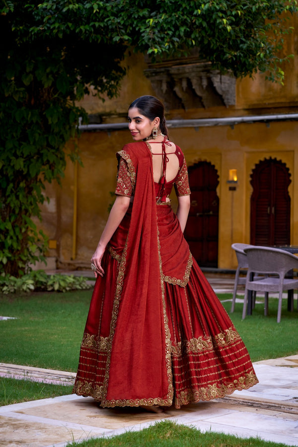 Rust Orange Lehenga - Embroidery Unstitched Blouse
