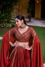 Rust Orange Lehenga - Embroidery Unstitched Blouse