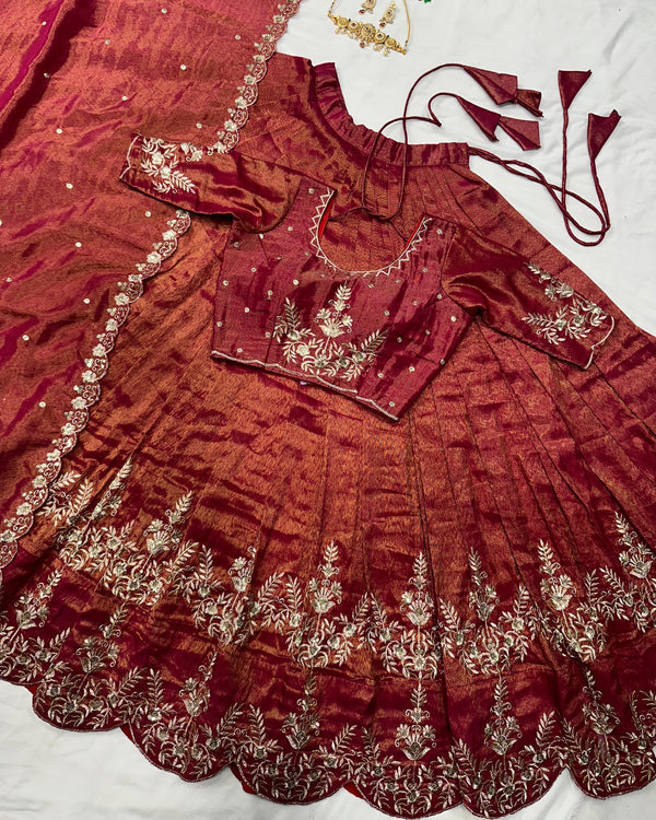 Tissue lehenga with embroidery work