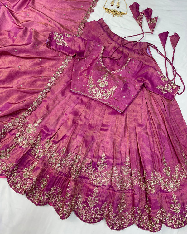 Tissue lehenga with embroidery work