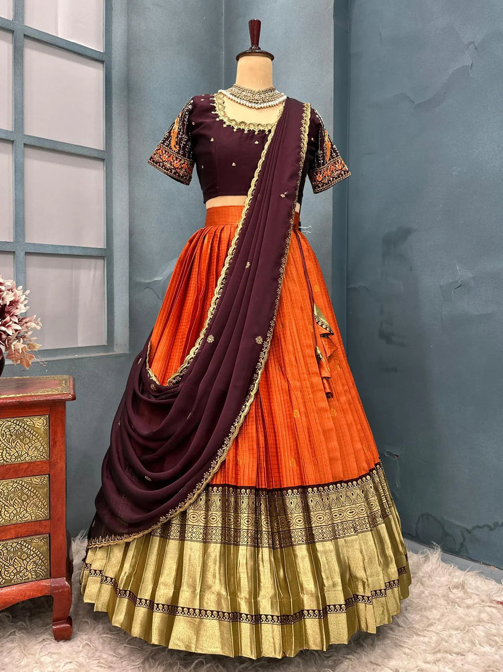 Kanjivaram rust orange lehenga