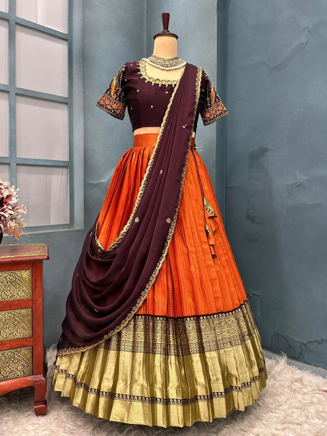 Kanjivaram rust orange lehenga