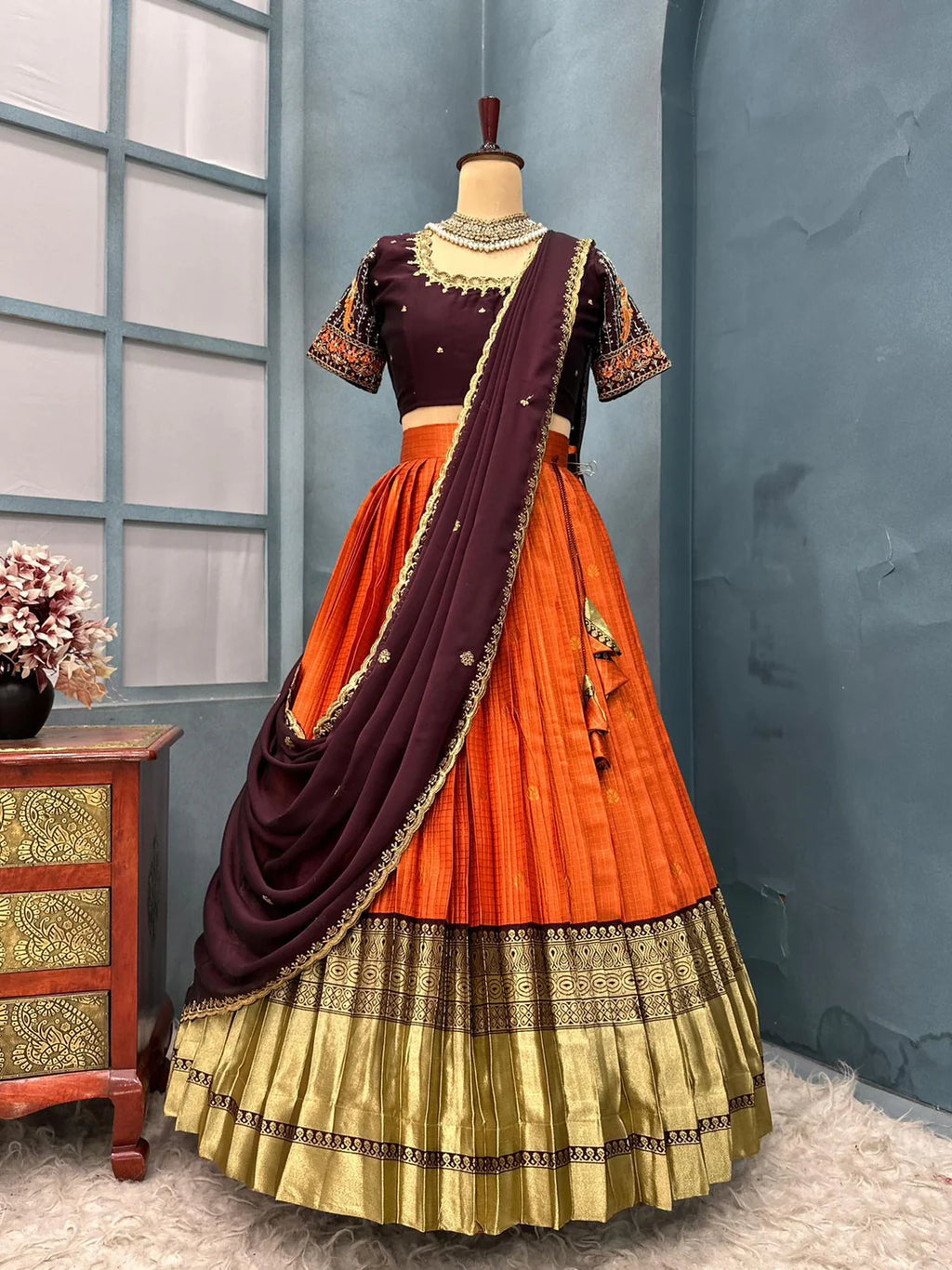Kanjivaram rust orange lehenga