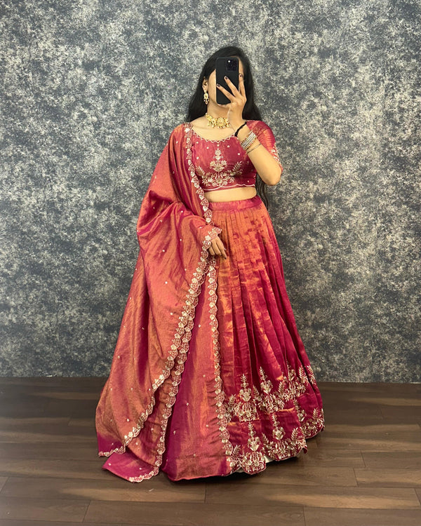 Tissue lehenga with embroidery work