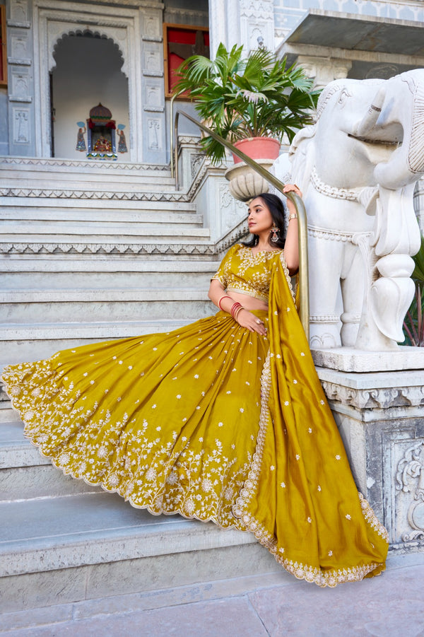 Vichitra silk mustard Haldi Unstitched Lehengas
